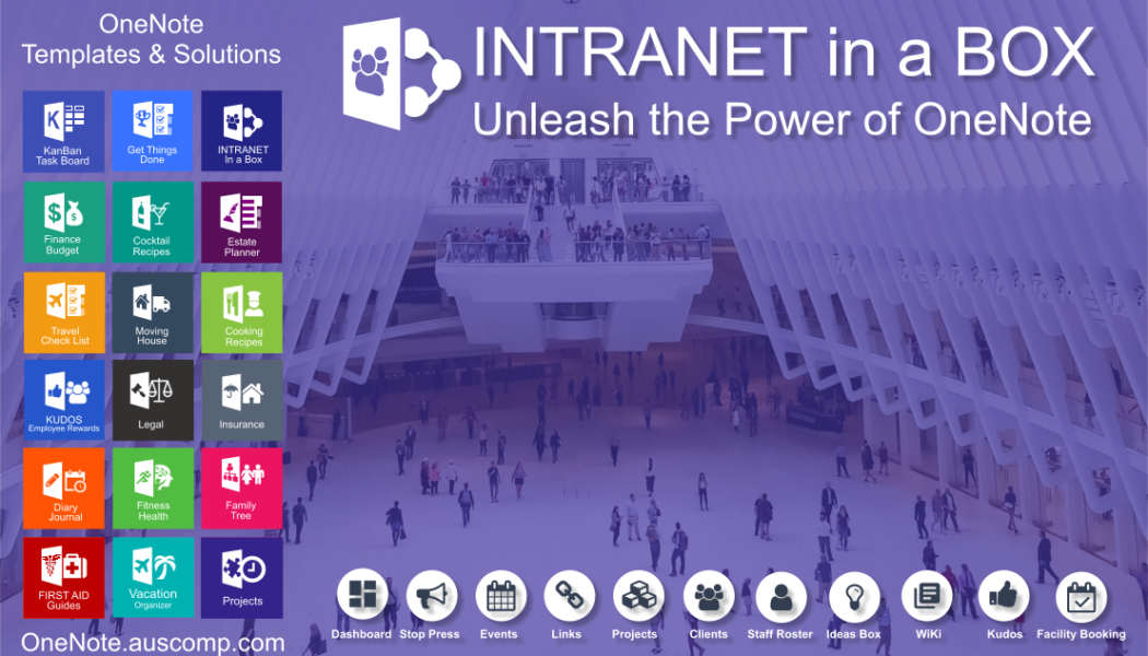 Intranet powered by OneNote. Dashboard, Projectx, Safety Box, Ideas Box, Wiki, KB, FAQ.