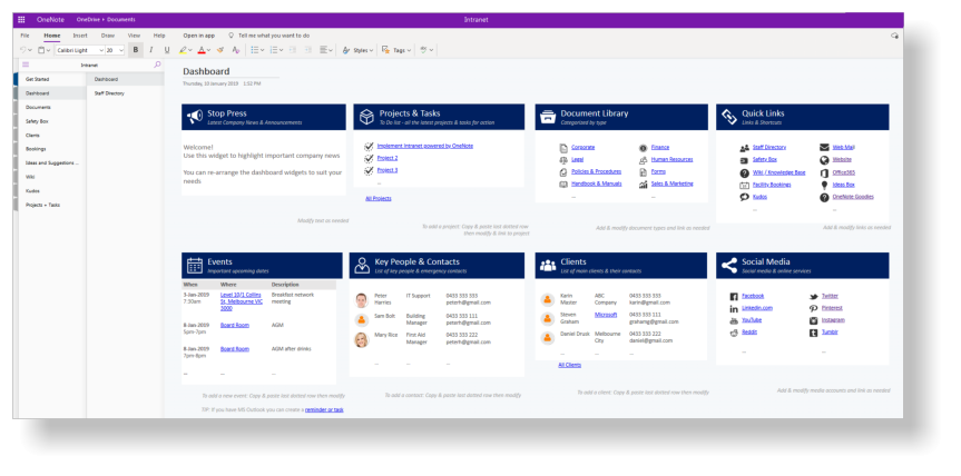 Intranet for OneNote - Dashboard Online