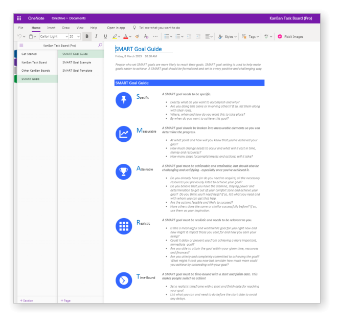 KanBan for OneNote Smart Goals Guide Templates for OneNote by