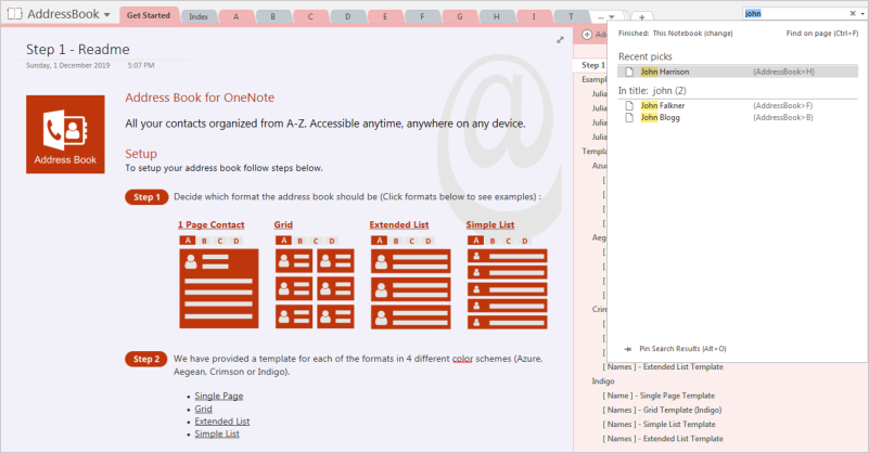 AddressBook for OneNote - Search